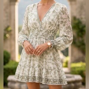 Max‎ Studio Green Floral Smocked Waist V-Neck Ruffle Mini Dress 2985T03 Medium